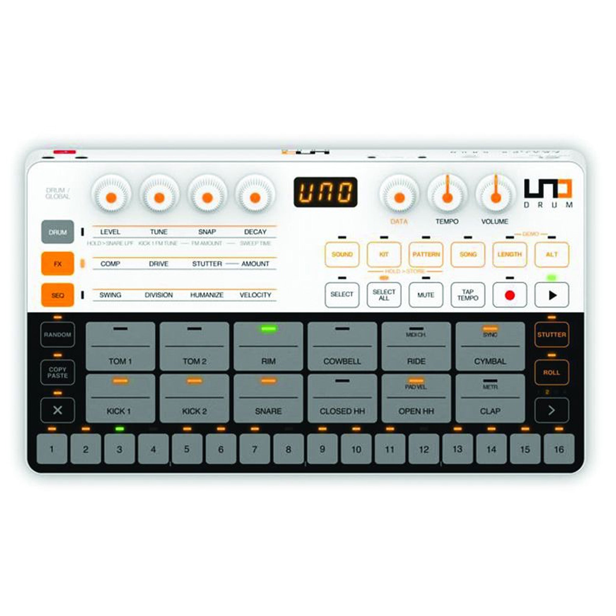 Top view of a white drum machine with labeled pads, knobs, buttons, and a digital display reading 'uno'.