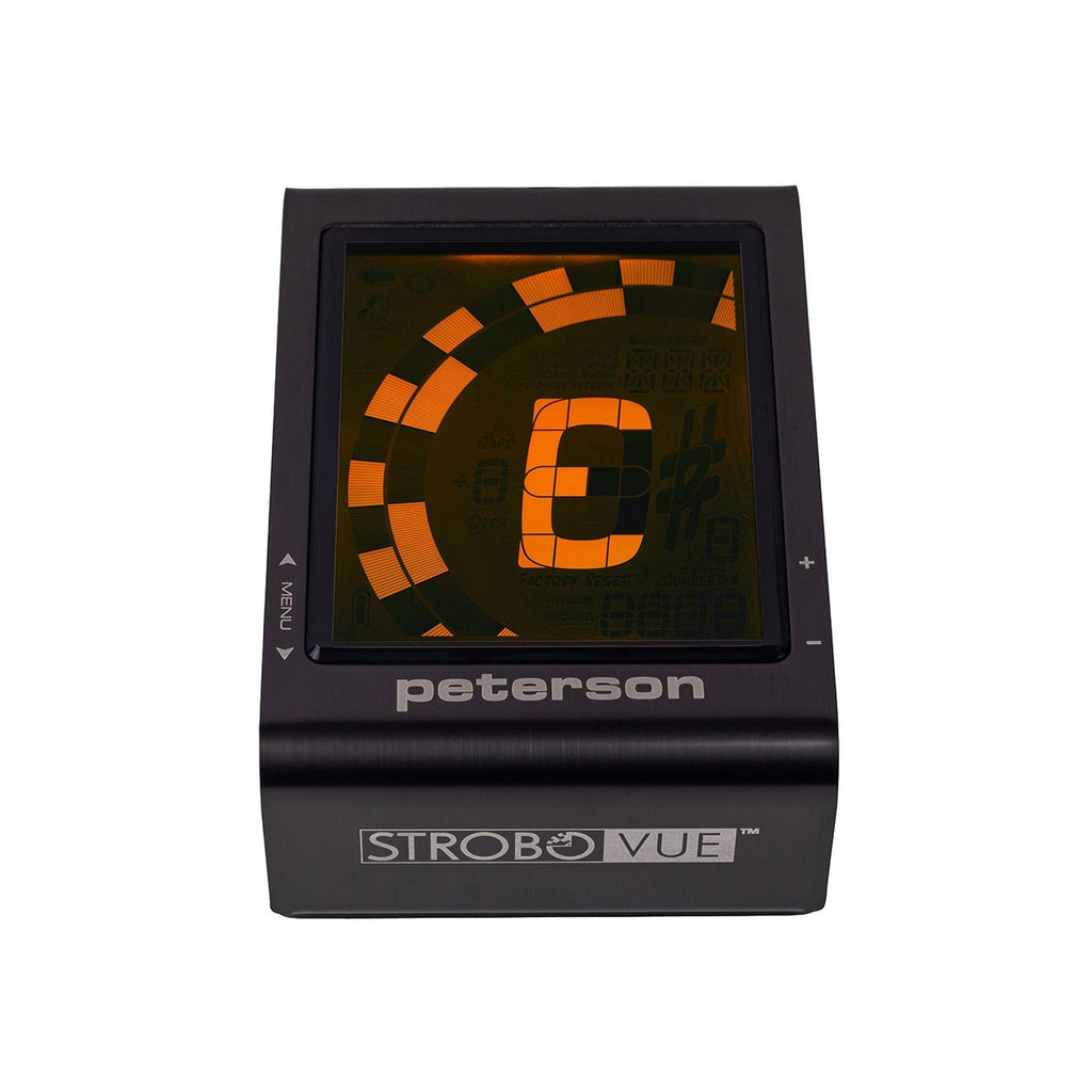 Black Peterson Strobe Vue tuner device with an orange digital display showing the note and tuning indicator.