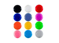 Twelve round arcade-style push buttons in various colors arranged in a grid pattern on a white background.