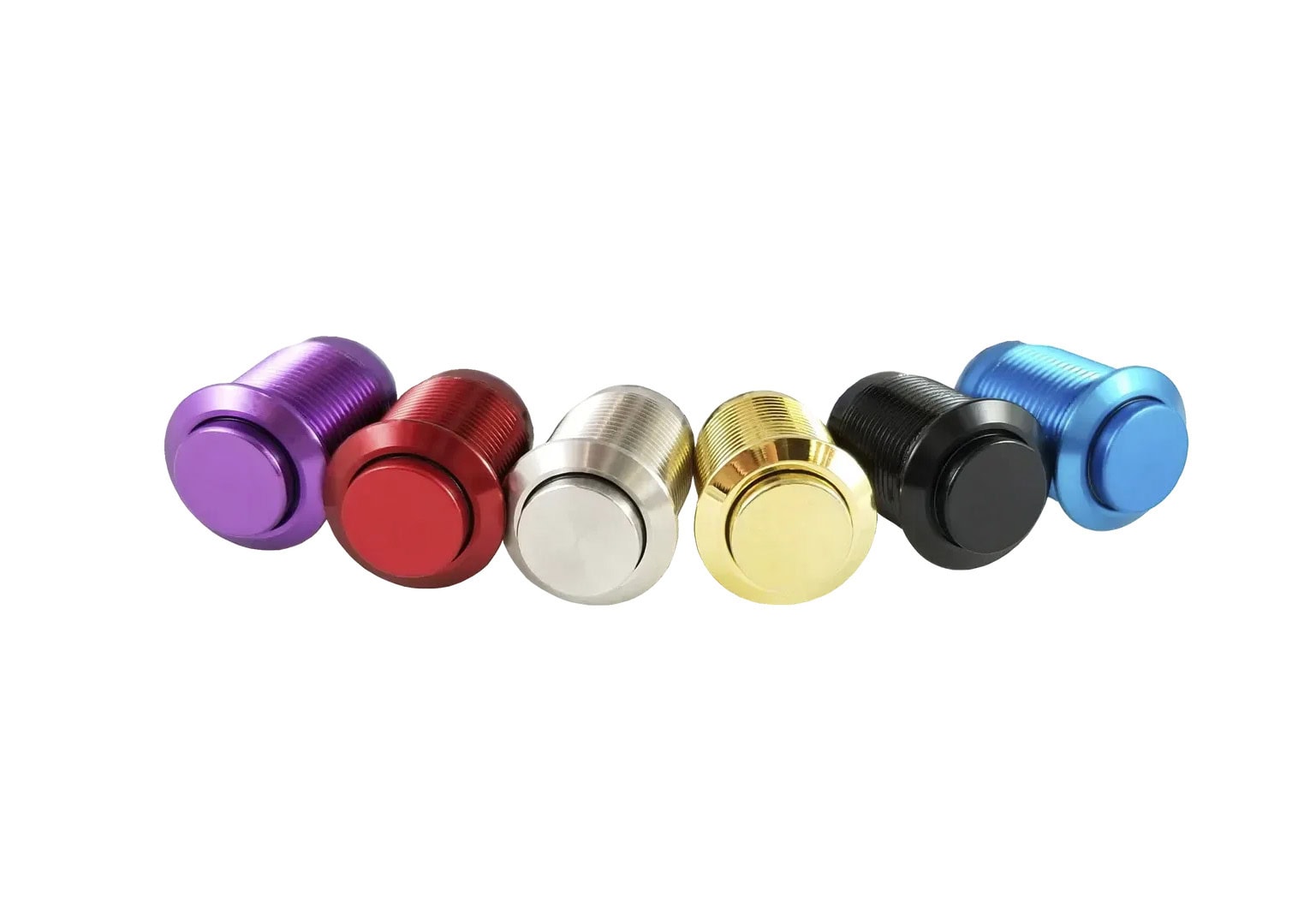 Six metal push button switches in different colors arranged in a row on a white background.