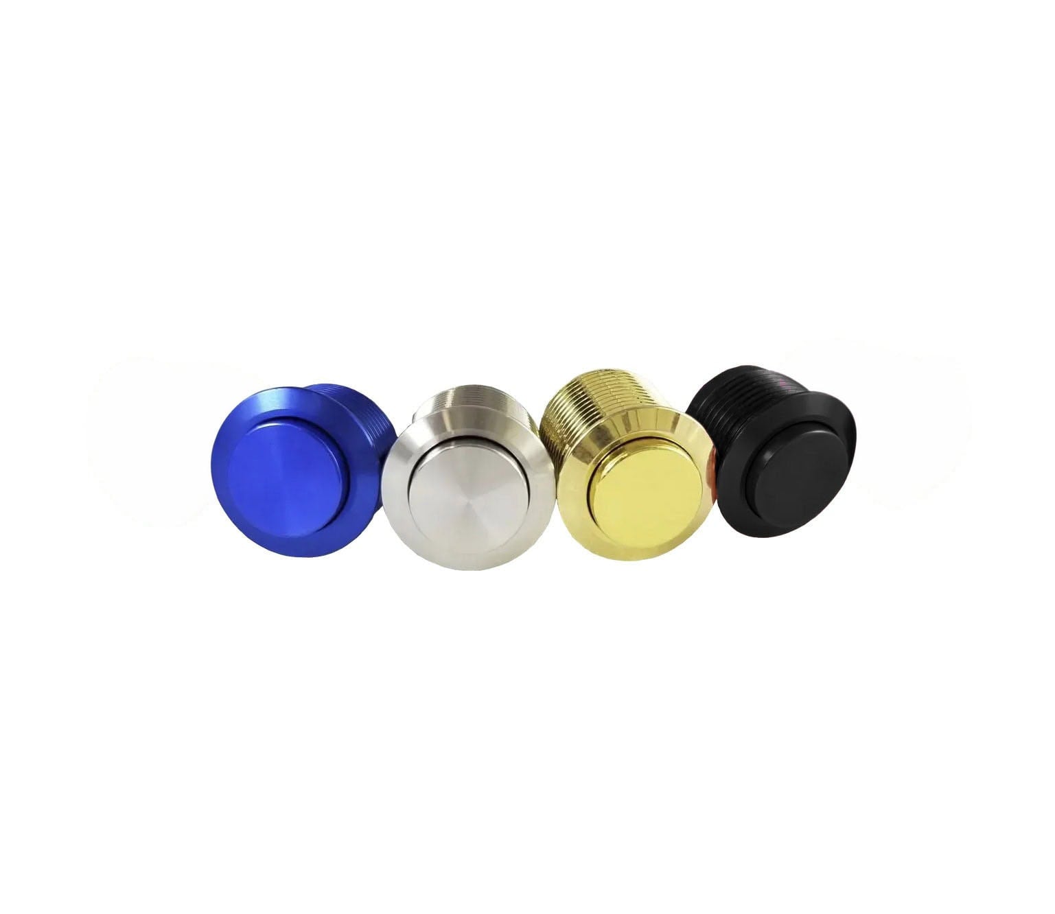 Four metal push button switches in blue, silver, gold, and black colors are shown side by side.