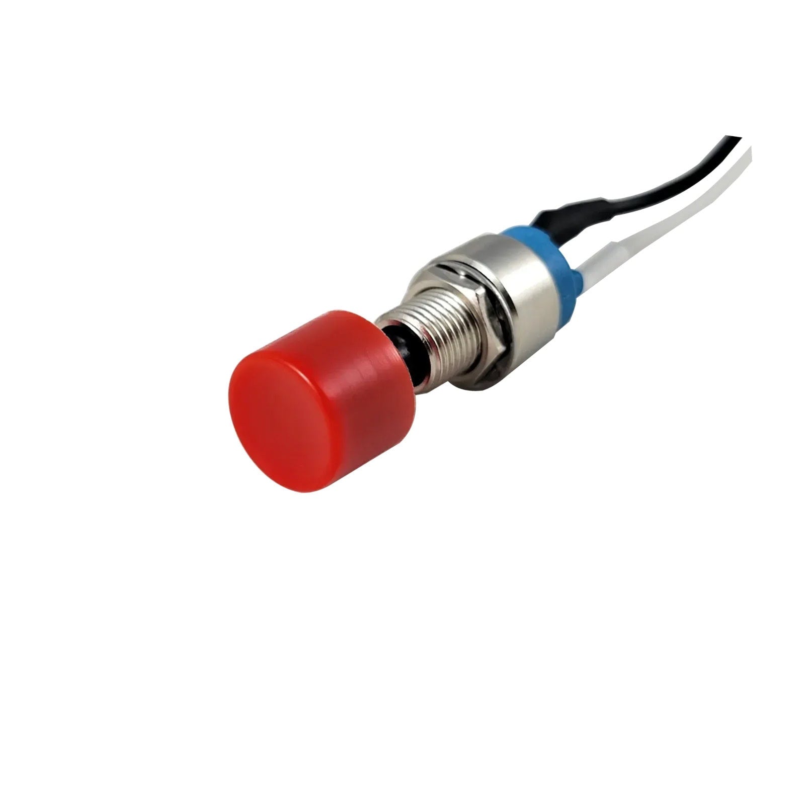 Push button switch with a red cap, metal body, and wires attached, isolated on a white background.