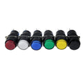 Six round push button switches in red, white, blue, green, yellow, and black colors with black base and metal pins.