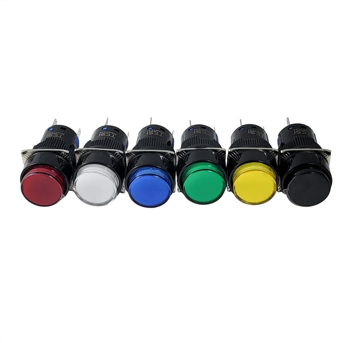 Six round push button switches in red, white, blue, green, yellow, and black colors with black base and metal pins.