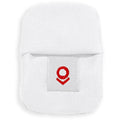 White fabric cover with a small red logo on a fabric tag in the center.