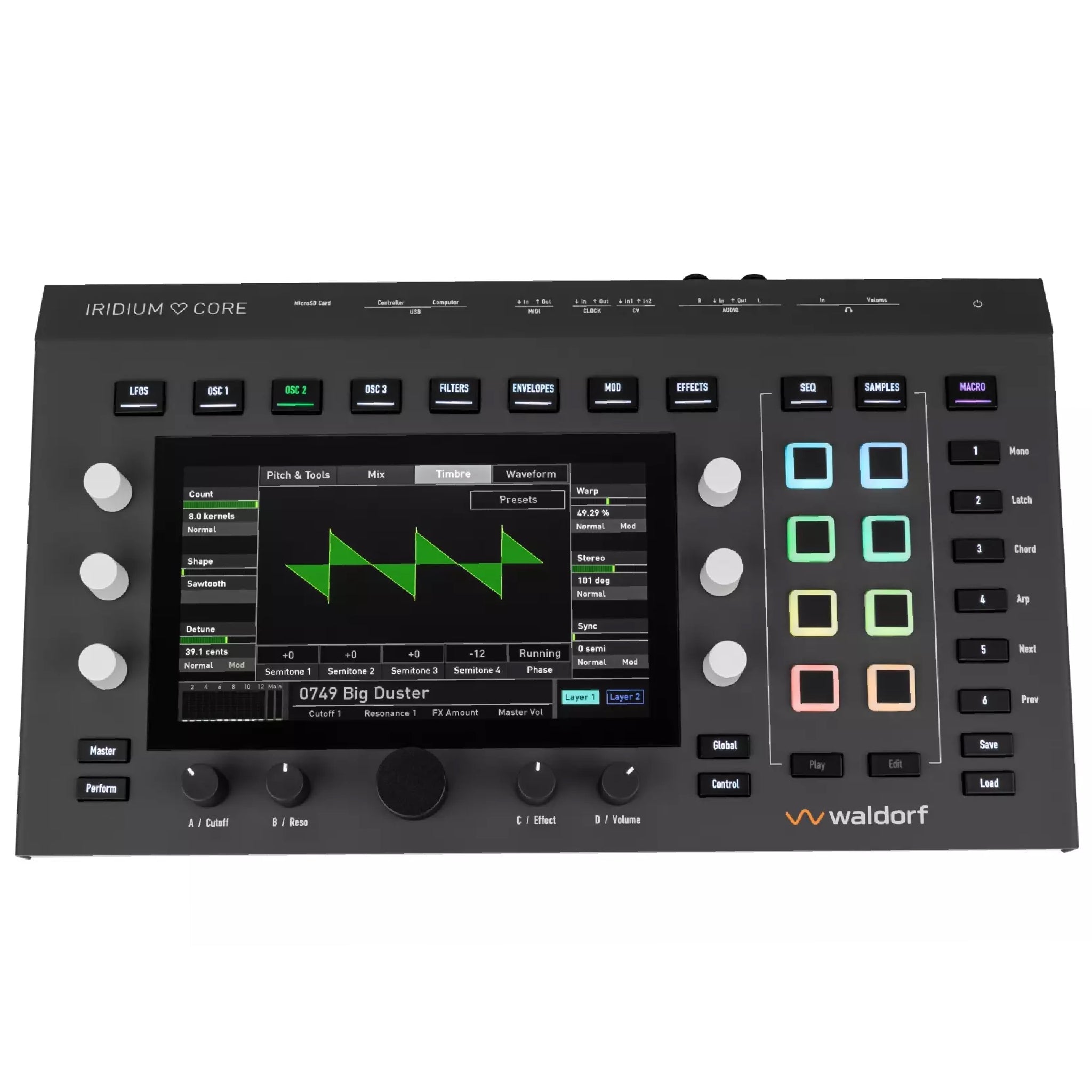 Top view of a Waldorf Iridium Core desktop synthesizer with screen, knobs, buttons, and colorful pads.