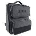 Gray fabric backpack with two zippered front pockets and a carrying handle on top