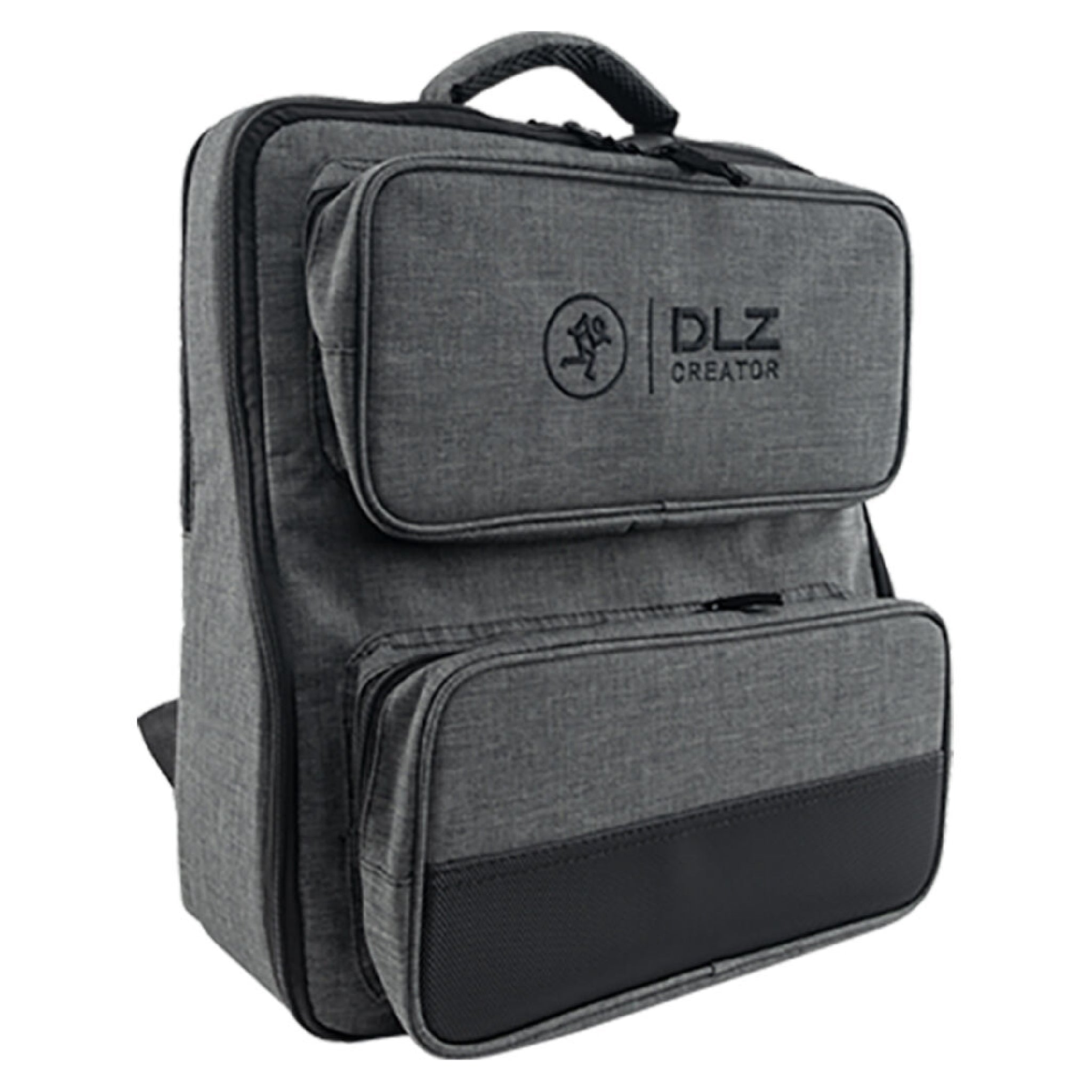 Gray fabric backpack with two zippered front pockets and a carrying handle on top