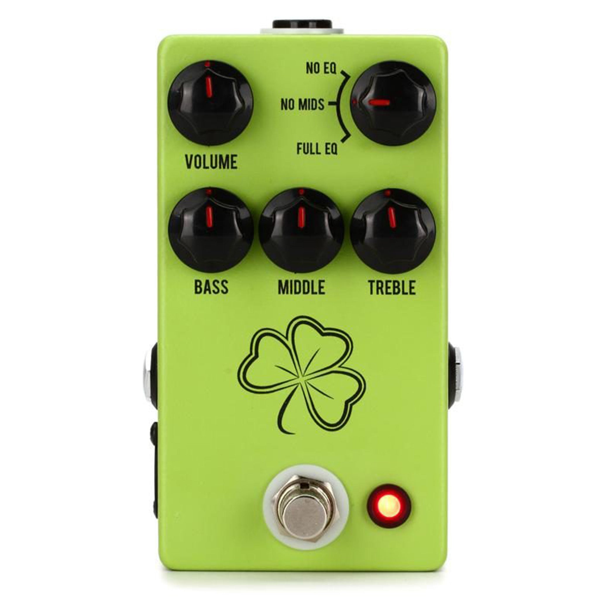 Green guitar effects pedal with five black knobs, one footswitch, and a red LED indicator light.