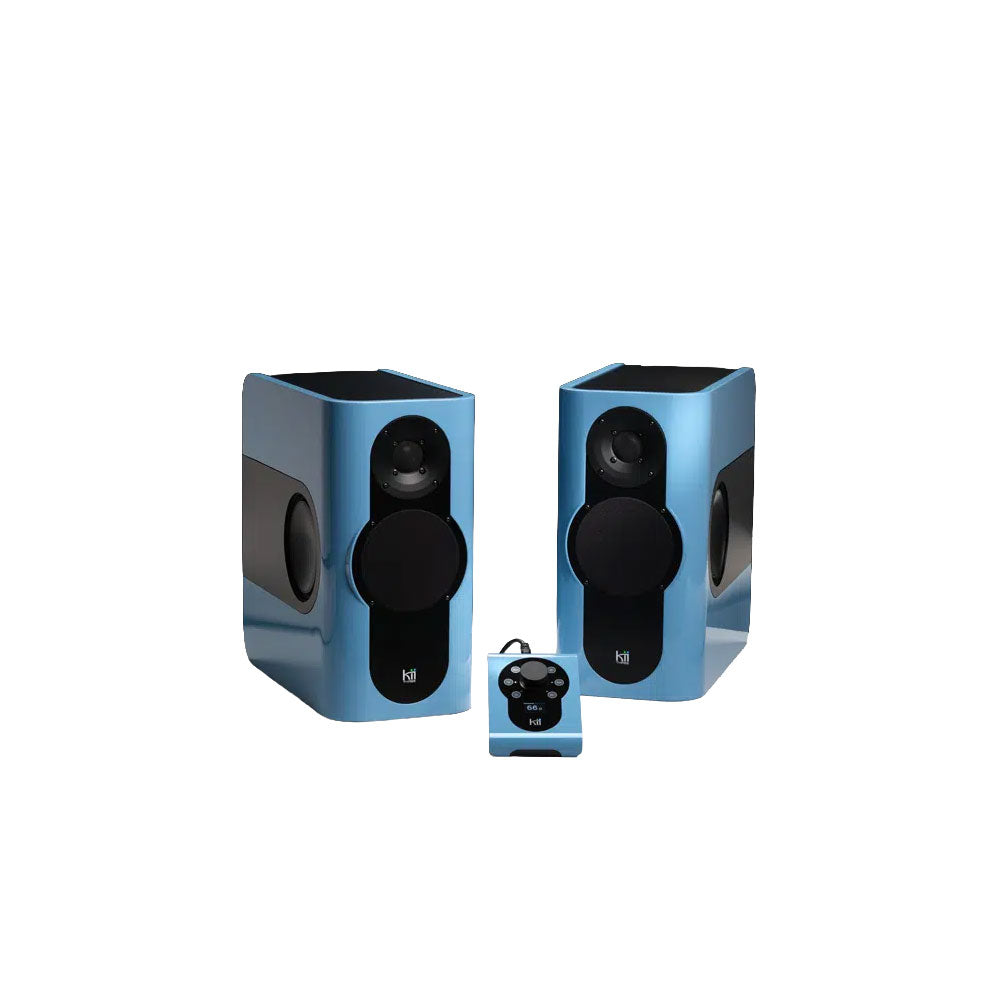 Kii THREE BXT floorstanding speaker tower: a compact Kii THREE studio monitor seated on top of its matching BXT bass-extension module, forming a slim full-height column with multiple 6.5-inch woofers along the cabinet.