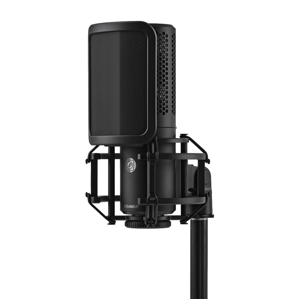 Black studio microphone with shock mount and pop filter mounted on a stand against white background.
