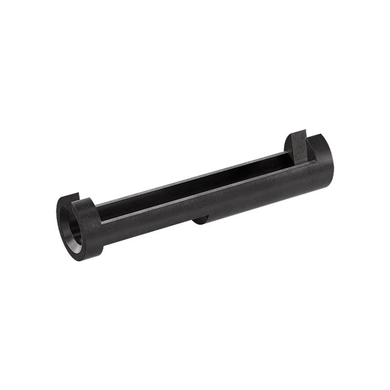 Black plastic cylindrical bracket or holder with an open slot and circular ends.