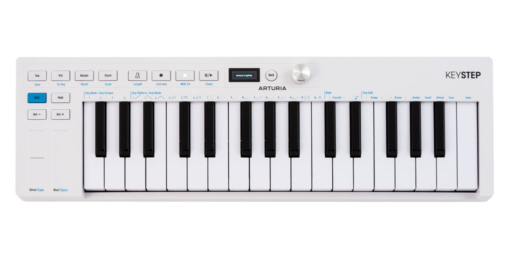 White keyboard MIDI controller with black and white keys, buttons, touchpads, a knob, and a small screen.