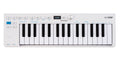 White keyboard MIDI controller with black and white keys, buttons, touchpads, a knob, and a small screen.
