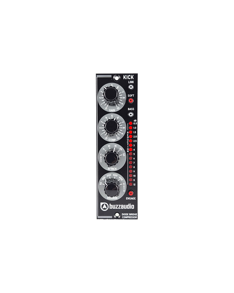 Black audio processor module with four rotary knobs, LED meter, and push button labeled Buzz Audio KICK.