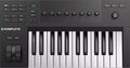 Black and white MIDI controller keyboard with buttons, knobs, and pitch/modulation wheels on top panel.