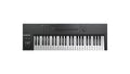 Black MIDI keyboard controller with 49 keys, multiple control buttons, knobs, and pitch/modulation wheels on the left.