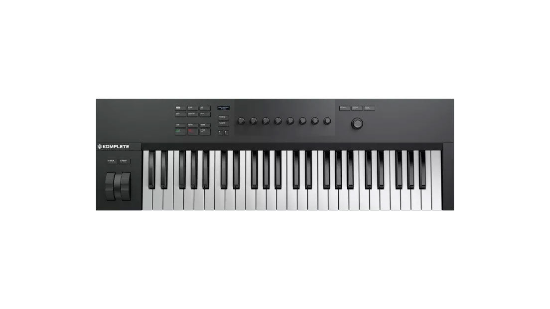 Black MIDI keyboard controller with 49 keys, multiple control buttons, knobs, and pitch/modulation wheels on the left.