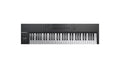 Black and silver MIDI keyboard controller with 61 keys, control knobs, buttons, and wheels in a front-facing view.