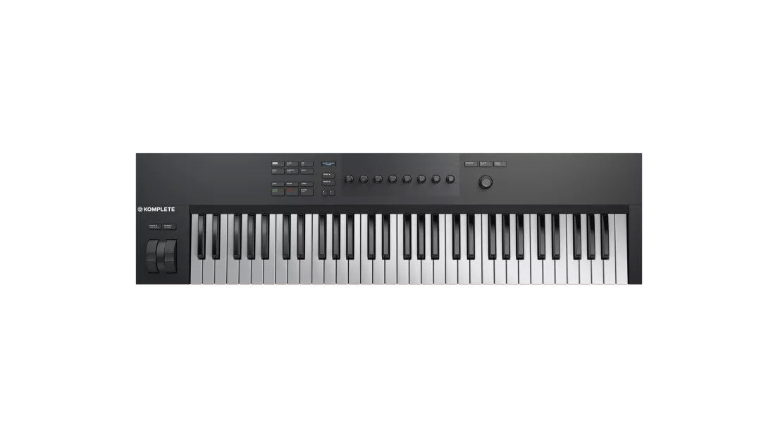 Black and silver MIDI keyboard controller with 61 keys, control knobs, buttons, and wheels in a front-facing view.