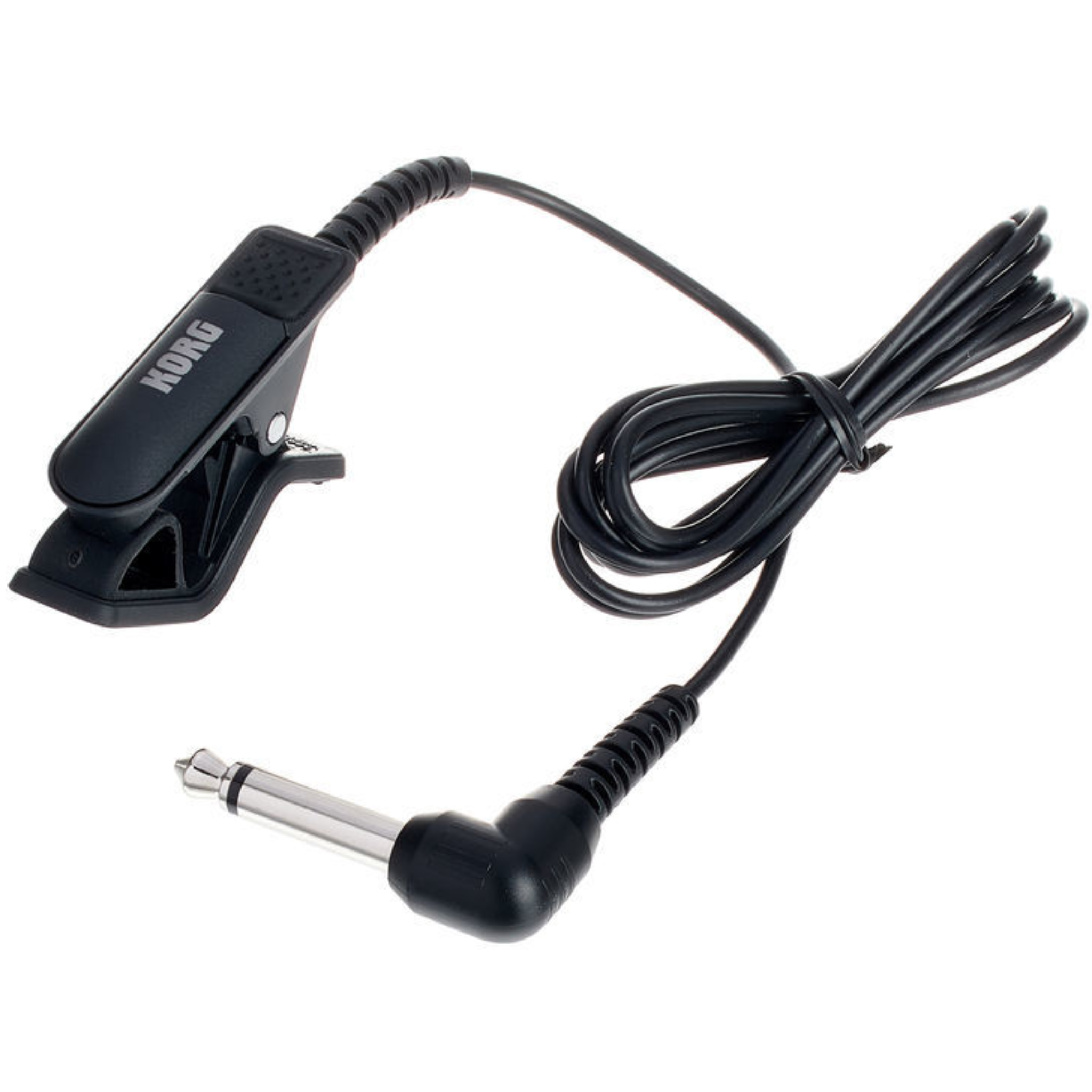 Black clip-on microphone with KORG branding and attached cable ending in a right-angle 1/4 inch TS plug.