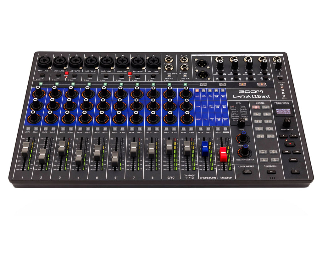 Black ZOOM LiveTrak L12next audio mixer with multiple input channels, faders, knobs, buttons, and an integrated display screen.