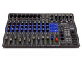 Black ZOOM LiveTrak L12next audio mixer with multiple input channels, faders, knobs, buttons, and an integrated display screen.