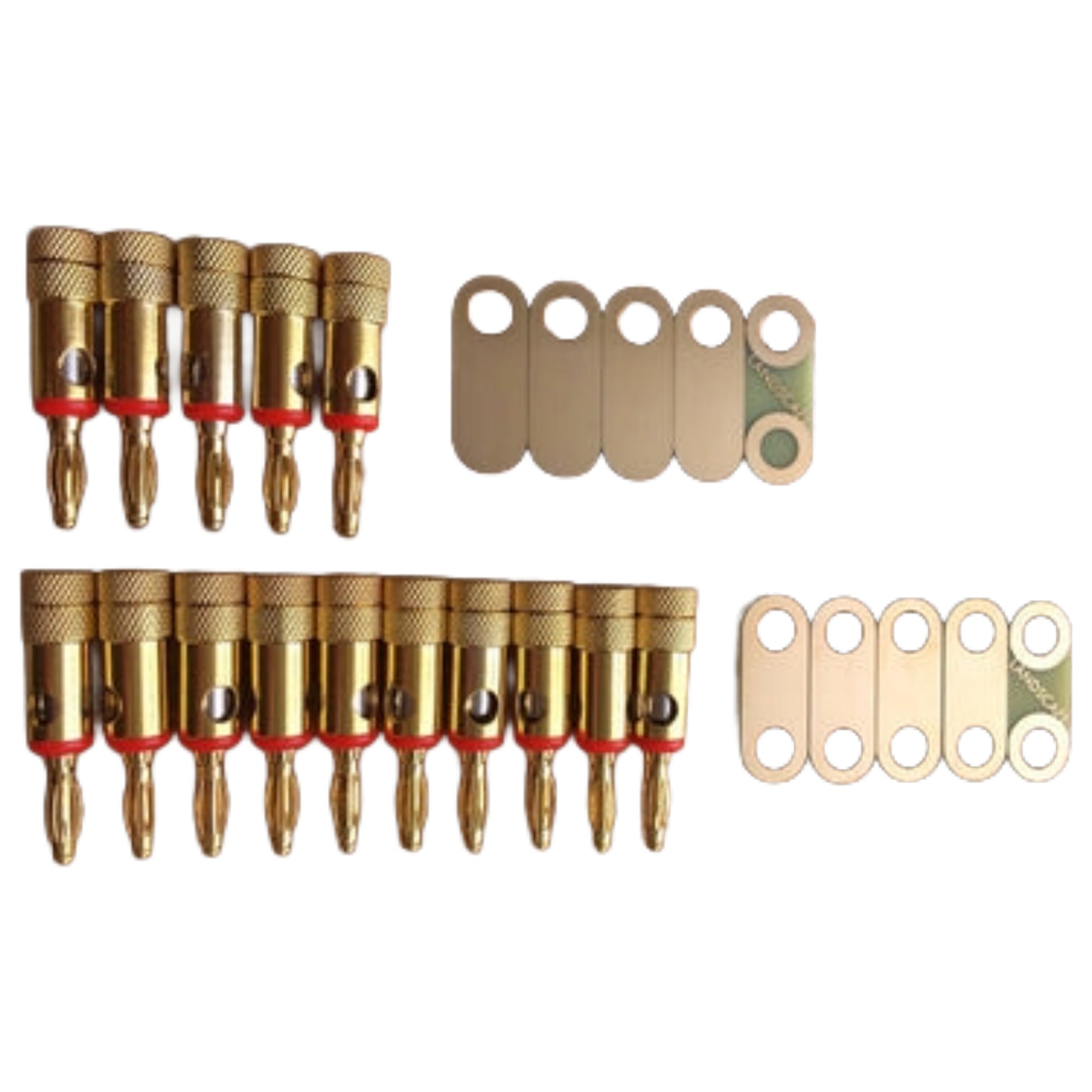 Sets of gold-colored banana plug connectors and metal terminal lugs with holes arranged on a white background