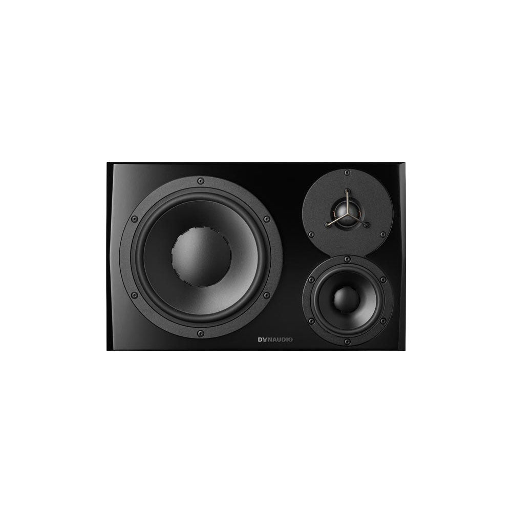 Black studio monitor speaker with three drivers and DYNAUDIO logo on front panel.
