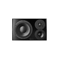 Black studio monitor speaker with three drivers and DYNAUDIO logo on front panel.