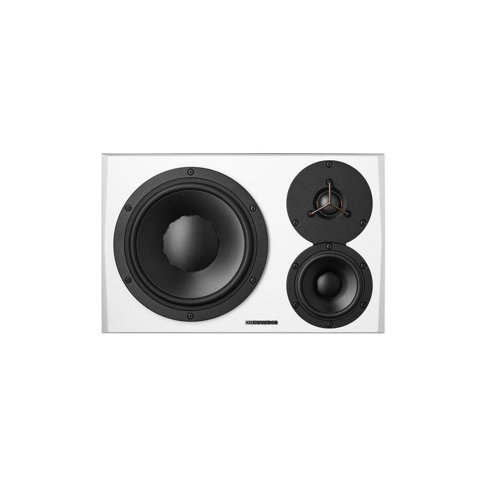 White studio monitor speaker with three drivers including a large woofer and two smaller drivers on the front.