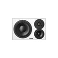 White studio monitor speaker with three drivers including a large woofer and two smaller drivers on the front.