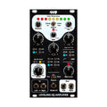 Front panel of a leveling EQ amplifier module with multiple knobs, switches, LEDs, and audio input/output jacks.