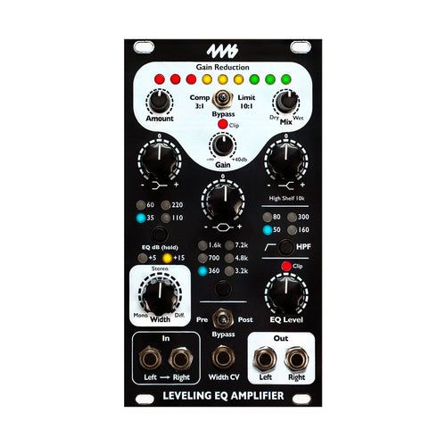 Front panel of a leveling EQ amplifier module with multiple knobs, switches, LEDs, and audio input/output jacks.