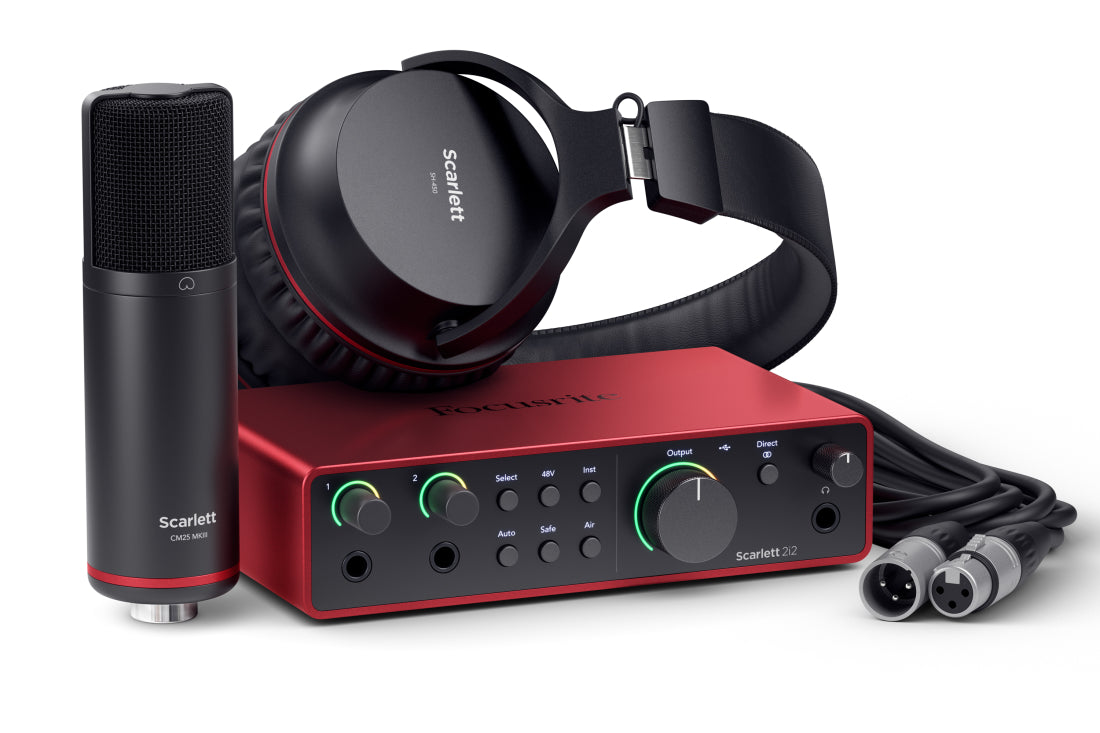 Red Focusrite Scarlett 2i2 audio interface with black Scarlett CM25 MKII microphone, headphones, and cables.
