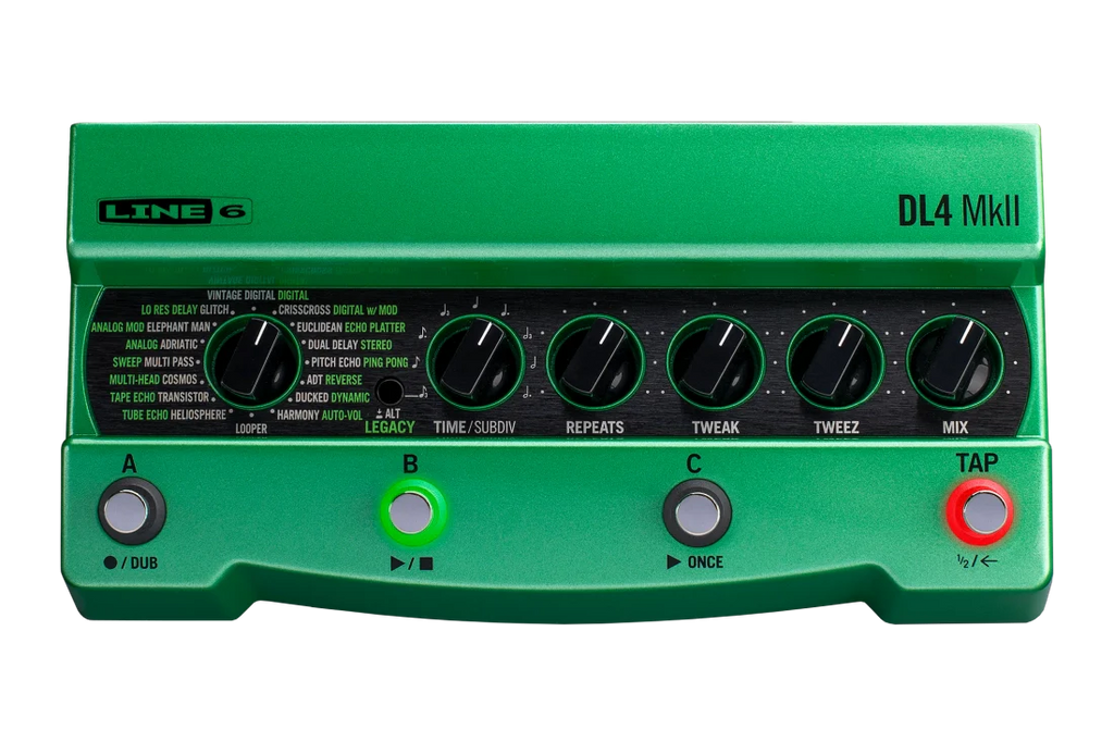 Green Line 6 DL4 MkII pedal with six knobs and four footswitch buttons on front side.
