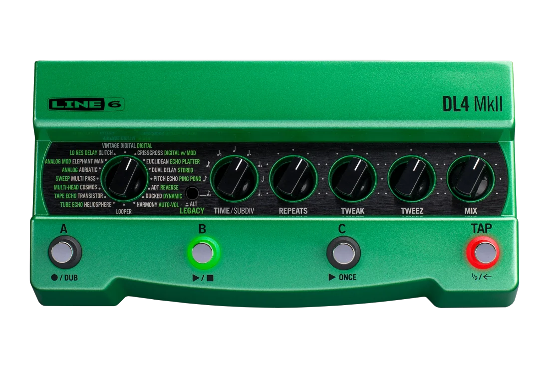 Green Line 6 DL4 MkII pedal with six knobs and four footswitch buttons on front side.