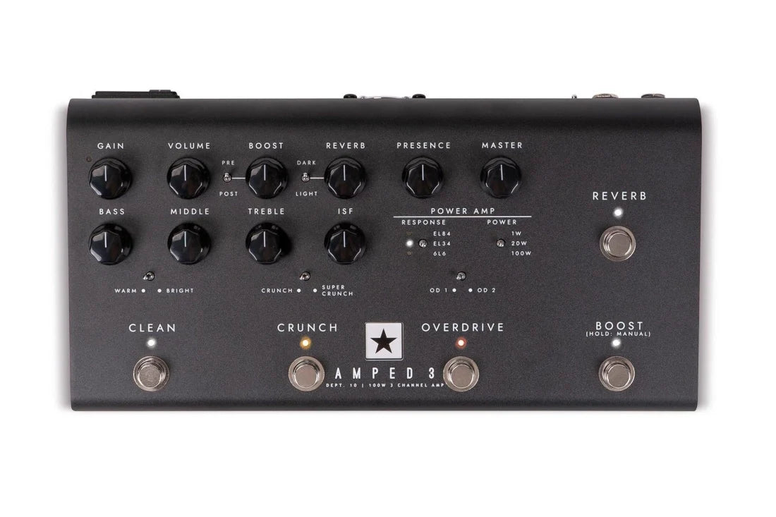 Black multi-channel guitar amplifier pedal with multiple control knobs, switches, and footswitches on the top panel.