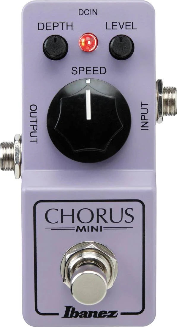 Purple guitar effects pedal with depth, level, speed controls, footswitch, and input/output jacks.