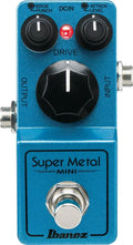 Blue guitar distortion pedal with three knobs, foot switch, two input/output jacks, and DC power input.