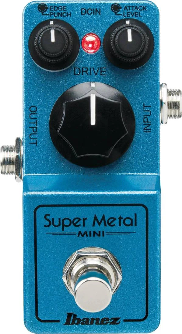Blue guitar distortion pedal with three knobs, foot switch, two input/output jacks, and DC power input.