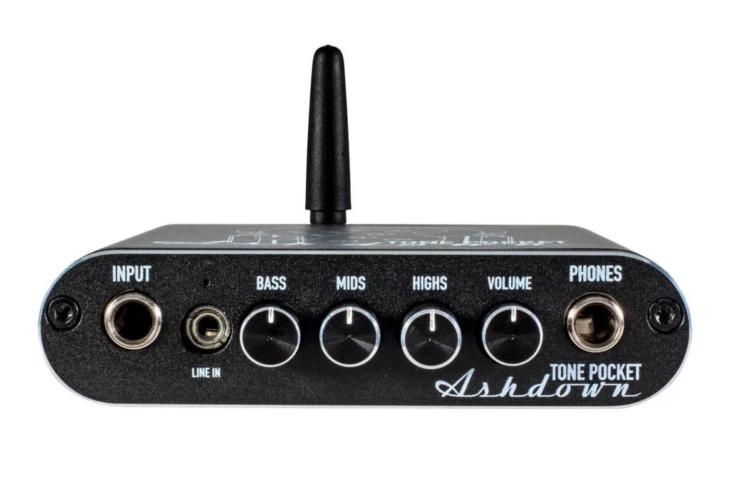Small black amplifier with input jacks, four control knobs, headphone output, and antenna on top.