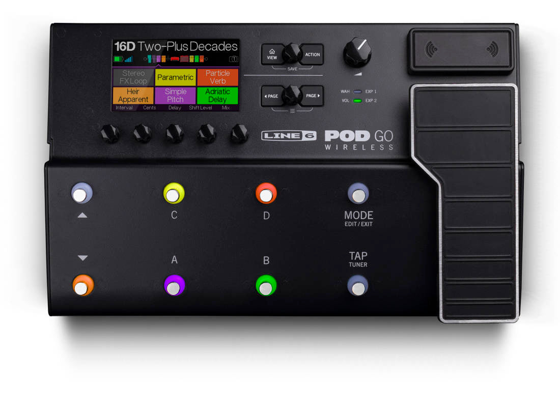 Line 6 POD GO Wireless guitar pedal with colorful footswitches, knobs, screen, and expression pedal.