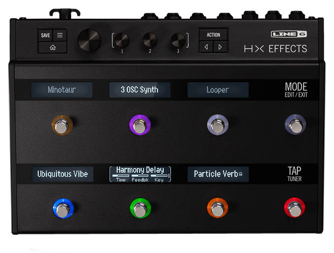 Black multi-effects unit with labeled footswitches, knobs, and buttons including colors and digital displays.