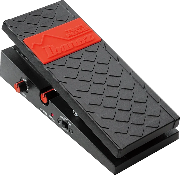 Black and red Ibanez wah pedal with textured tread and control knobs on side.