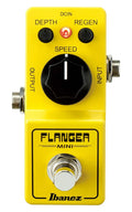Yellow Ibanez Flanger Mini pedal with depth, regen, speed controls, input/output jacks, and footswitch.