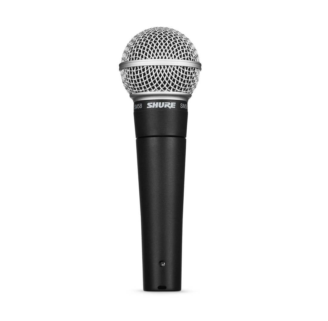Black and silver handheld microphone with grille and visible SHURE SM58 label on the body.