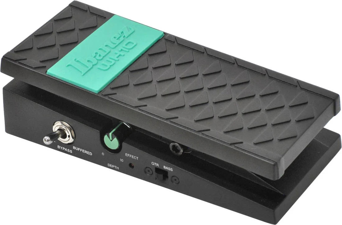 Black Ibanez WH10 wah pedal with a green footpad, toggle switch, knob, and sliding switch controls.
