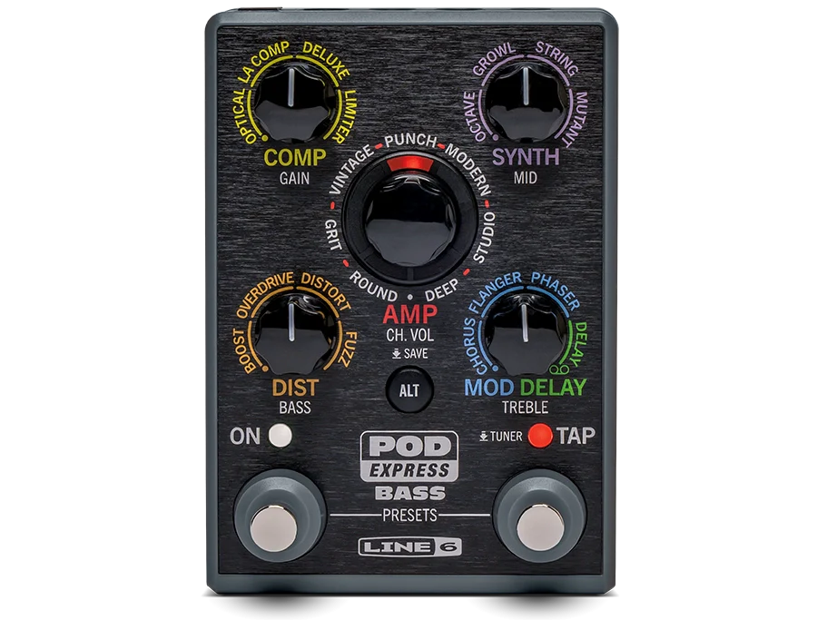 Black Line 6 POD Express Bass guitar effects pedal with multiple knobs and footswitches.