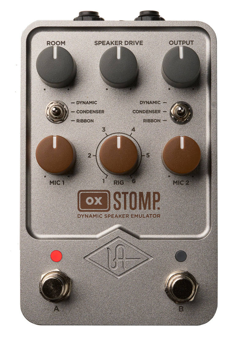 Metal effects pedal with six knobs, two toggle switches, two foot switches, and labeling for speaker emulation controls.